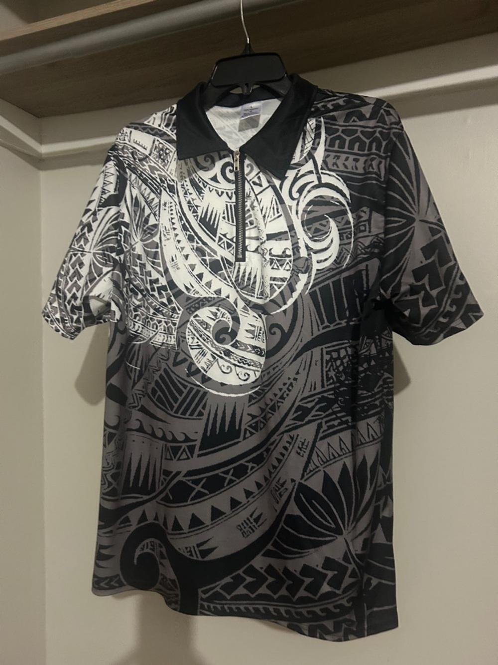 Men's Black & Gray Short Sleeve Polo Shirt with Tribal Print